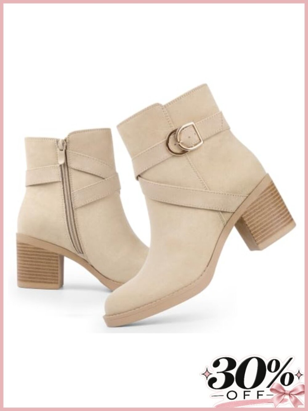 Women's Zipper Ankle Boots Chunky Stacked Heel Buckle Strap Booties